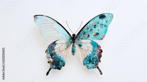 Double exposure of tropical fish and coral reef in a clear sea on a butterfly, artistic and surreal
