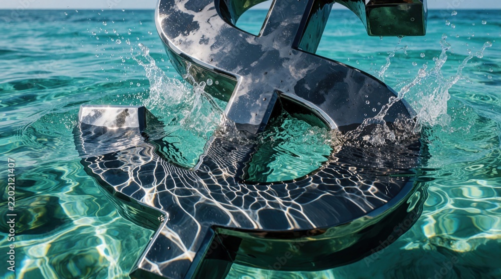 Obraz premium Large metal dollar symbol sinks into clear turquoise ocean water. Splash of sea waves around silver currency sign. Concept of financial crisis, economic loss, market crash liquidity risk in global