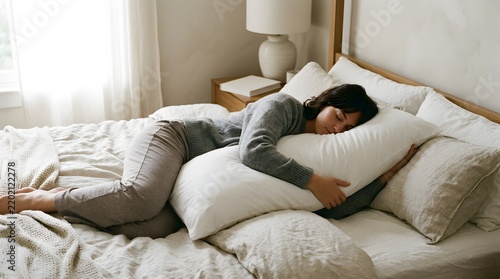 Young woman sleeping peacefully hugging a long white pillow in bed