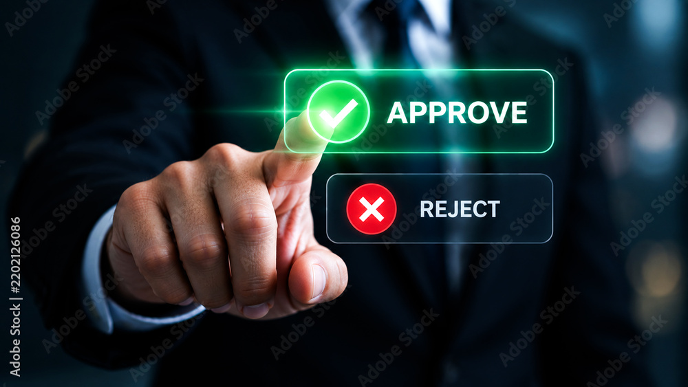 Obraz premium Digital Business Approval and Rejection Decision Interface with Professional, Touch-Friendly Interactive Buttons, Online Authorization Workflow, and Corporate Management Concept.