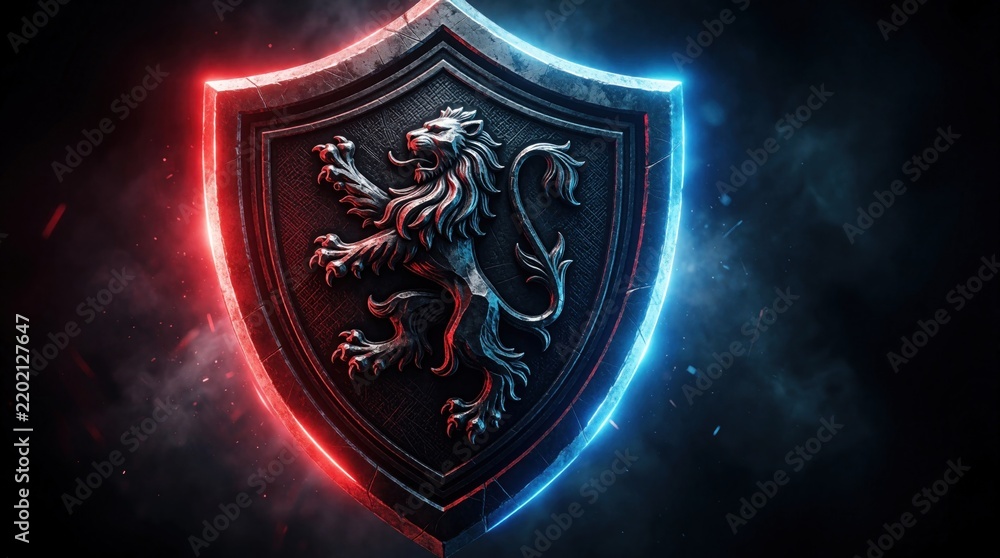 Fototapeta premium Metallic shield emblem with lion motif glows with red and blue light. Symbolizes strength, protection, and authority against dark background.
