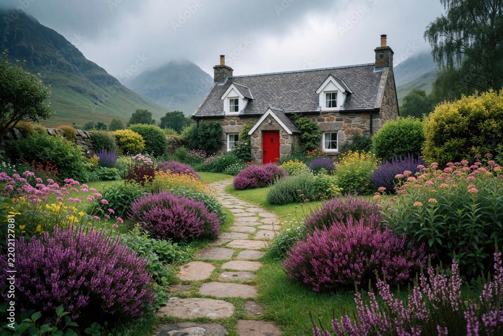 Obraz premium Stone cottage with red door sits in rich garden, purple heather blooms near path. Hills rise behind quaint home, green fields surround dwelling.