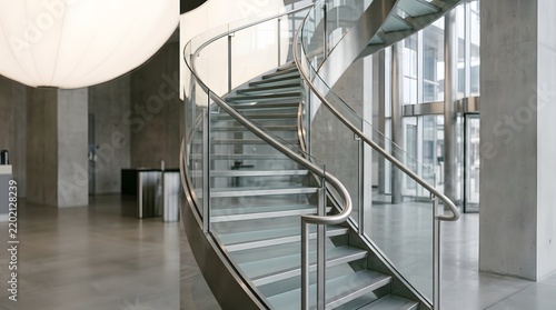 Modern spiral staircase in a contemporary glass office building interior