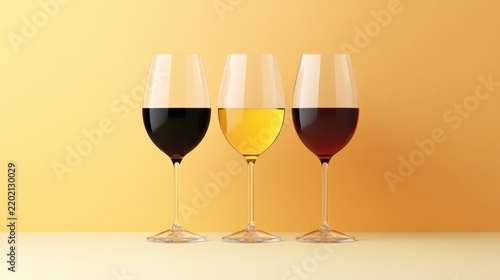Three wine glasses filled with red, white, and rose wine are elegantly lined up against a two-tone yellow and orange background.