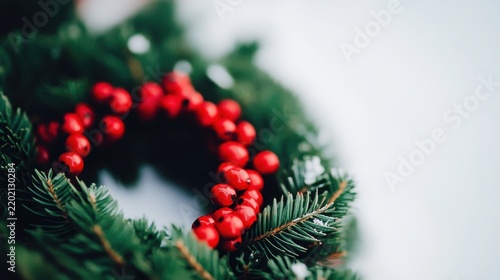 A close-up of a green pine wreath adorned with vibrant red berries, against a soft blurred white background.