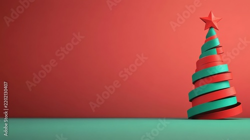 A modern spiral Christmas tree adorned with alternating red and green ribbons and topped with a red star, set against a red background and green floor.
