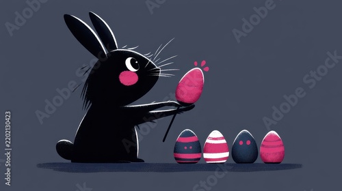 A dark-colored bunny with pink cheeks proudly holds a decorated egg on a stick, facing four striped and patterned eggs against a simple dark background.
