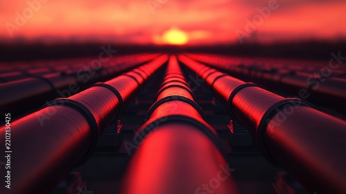 Pipelines stretch into a blurred horizon, bathed in the warm hues of a vibrant red sunset against an orange sky.