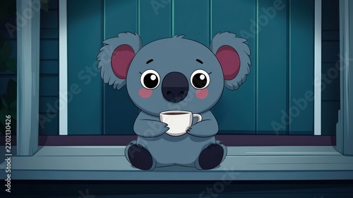 A cute cartoon koala with big eyes sits on wooden steps, holding a white cup against a dark blue wooden backdrop at night.