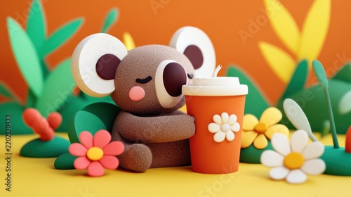 A cute cartoon koala hugs an orange cup with a straw amidst colorful flowers and green leaves on a bright orange background.