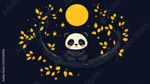 A cute panda relaxes on a curved tree branch adorned with yellow leaves, under a bright full moon and twinkling stars in a dark night sky.