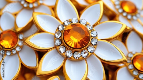 Close-up of elegant flower-shaped jewelry featuring white petals edged in gold, an orange gemstone center, and a circle of small clear gemstones.