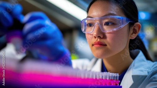 A scientist in goggles and gloves meticulously handles test tube samples in a laboratory.