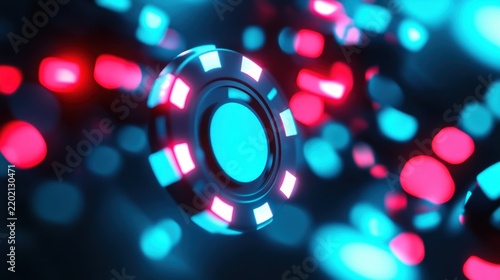 Glowing blue and pink casino chips float against a dark, blurred background adorned with bokeh lights.
