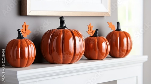 Four shiny orange decorative pumpkins with black stems and orange leaves rest on a white mantel against a gray wall, capturing the essence of fall and Halloween.
