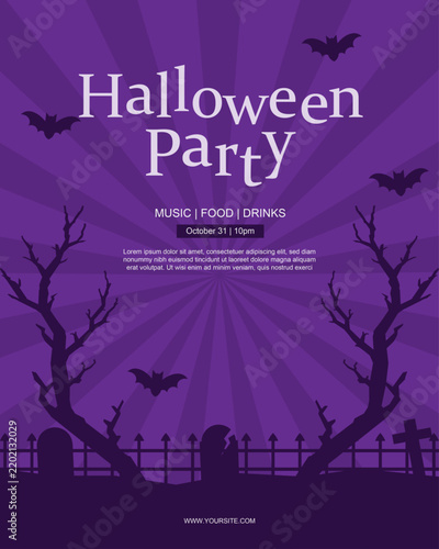 Purple Halloween party poster with haunted trees, bats, cemetery silhouettes, moonlit atmosphere, and decorative event typography.