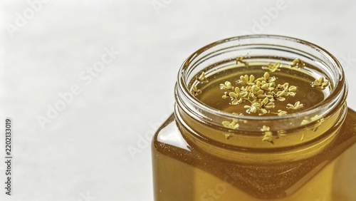 Thick honey with osmanthus blooms in clear mason container