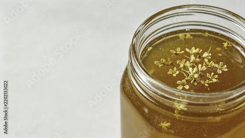 Thick honey with osmanthus blooms in clear mason container