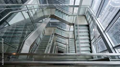 Modern office building interior with glass staircases and cityscape views