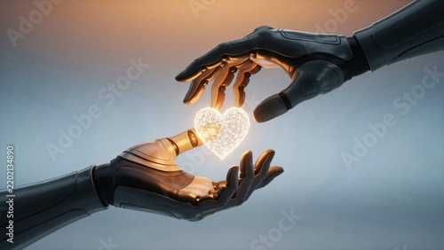 Two robot hands interacting with a shining digital heart icon symbolizing the connection between artificial intelligence and human emotions