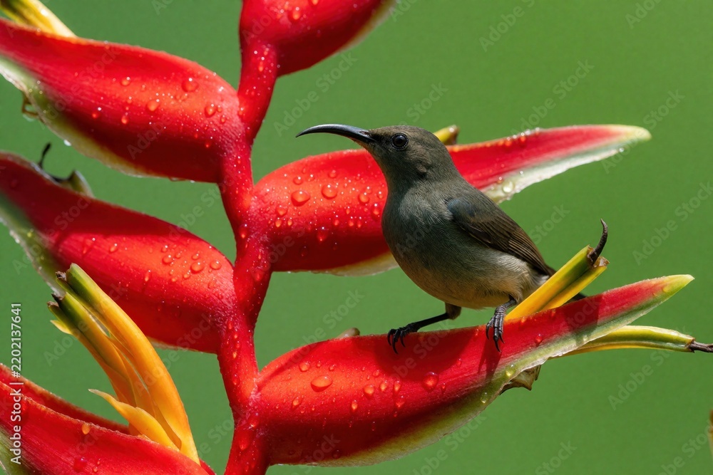 Fototapeta premium Small bird rests on vibrant red heliconia flower with water drops. Tropical flora and fauna, detailed close up of avian life in its natural habitat.