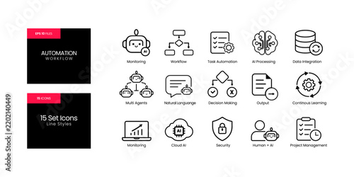 15 icons set of ai assistant in line style design.featuring artificial intelligence, virtual assistant, chatbot, smart automation, AI workflow, machine learning, voice assistant, neural network