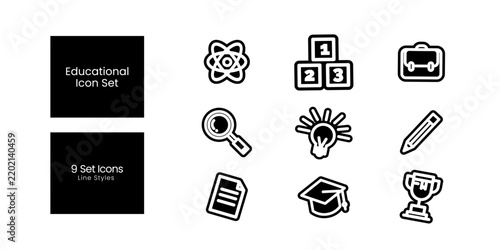black and white 9 icon set educational icons set design.Black and white educational icon set featuring 9 clean, modern symbols for learning, school, study, teaching, books, education, online learning,
