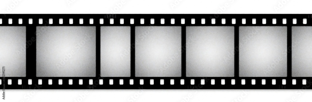 Fototapeta premium Filmstrip with seven empty square frames on white background. Black border with perforations implies vintage camera reel. Use for media projects or photo collections.