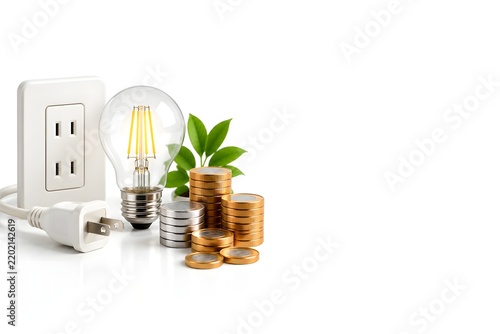 Electric Outlet Light Bulb Plant and Coins for Utility Costs Isolated on White Background