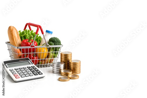 Grocery Cart Calculator and Coins for Food Budget Isolated on White Background
