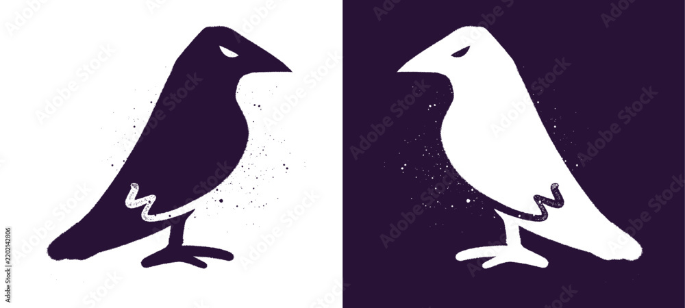 Obraz premium Raven crow bird doodle sticker with spray paint texture and street art style. Mystical Halloween dark bird clip art isolated on background for design.