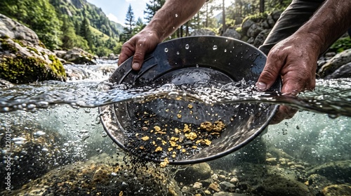 Gold pan with gold flakes and nuggets being washed in a mountain river