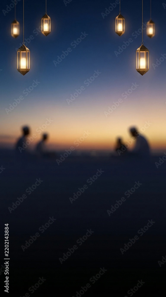 Fototapeta premium Peaceful Islamic background with blurred silhouettes of santri students sitting and praying under glowing lanterns to celebrate National Santri Day 2026.