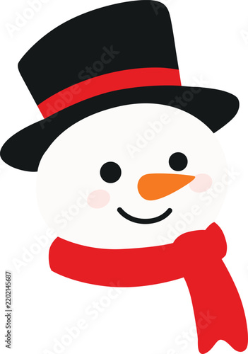 Cute snowman head wearing a black top hat and red scarf, winter holiday vector illustration