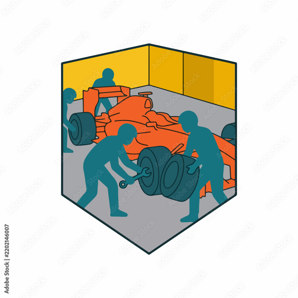 Obraz premium Formula One Race Car Pit Stop Maintenance Team.
