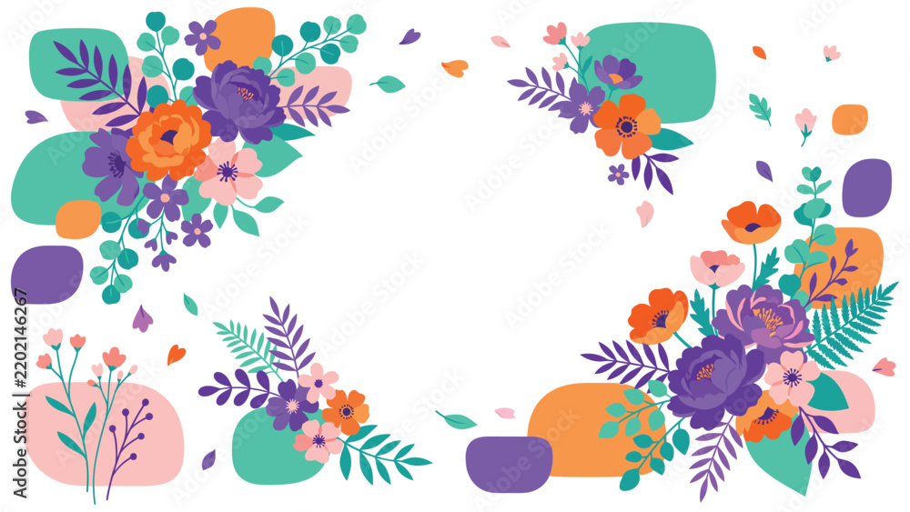 Obraz premium Colorful Floral Border Frame with Vibrant Flowers and Leaves for Invitations and Design.