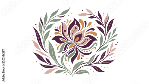 Intricate Floral Mandala Design with Colorful Leaf Motifs and Symmetry.