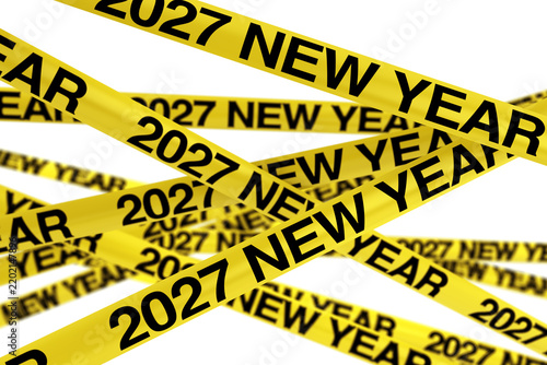 Caution Yellow Tape Strips with 2027 New Year Sign. 3d Rendering