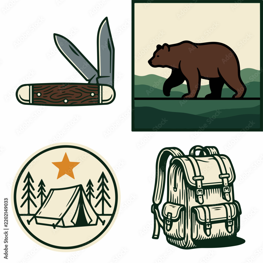 Fototapeta premium Camping gear and wildlife illustration set for outdoor adventures.