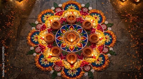 Colorful floral rangoli pattern with lit oil lamps for diwali