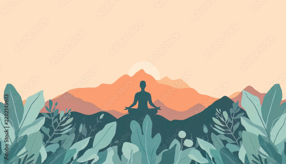 Fototapeta premium Meditating silhouette surrounded by colorful mountain landscape at sunrise, creating a peaceful atmosphere for wellness, relaxation, mindfulness, and emotional balance concepts.