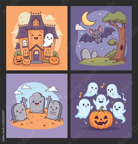 Cute Halloween Haunted House Ghost Pumpkin Bat Graveyard Vector Iluustration Design
