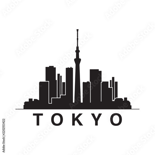 Tokyo skyline silhouette against a white background features urban architecture