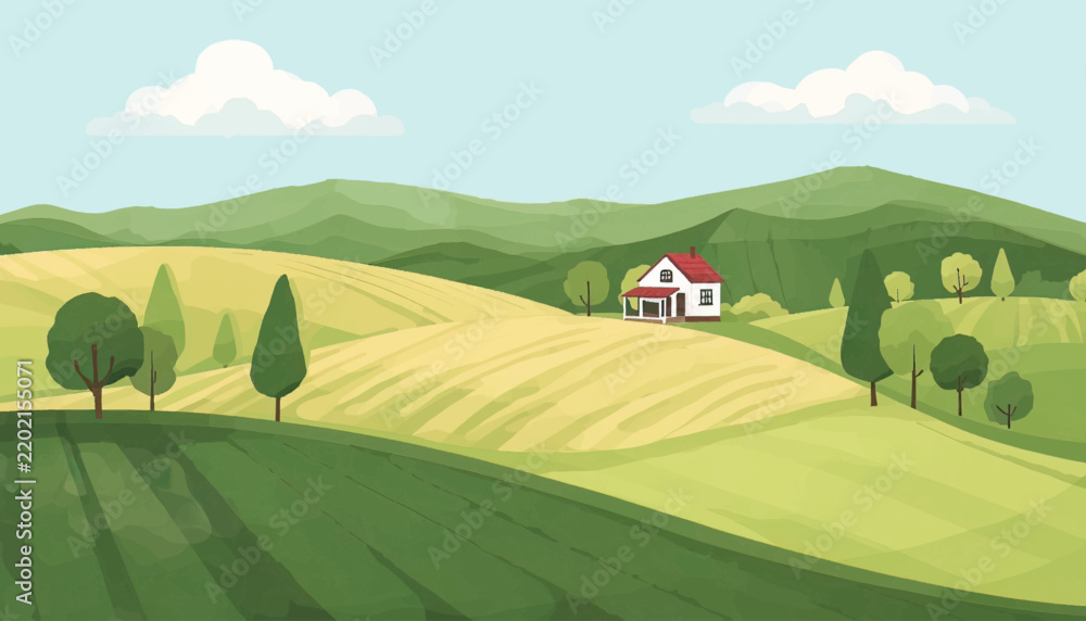 Obraz premium Green agricultural landscape featuring farmland, rolling hills, trees and a countryside house. Perfect for farming promotion, environmental design, rural tourism, sustainable agriculture and nature