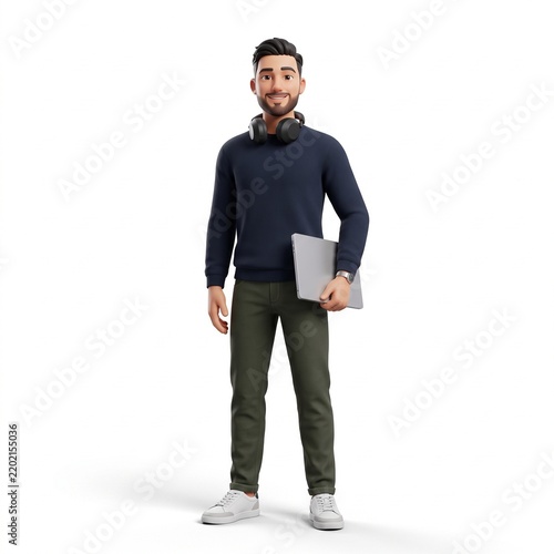 3d character man standing and holding laptop isolated on white