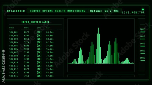 Server uptime health monitoring interface with green digital charts