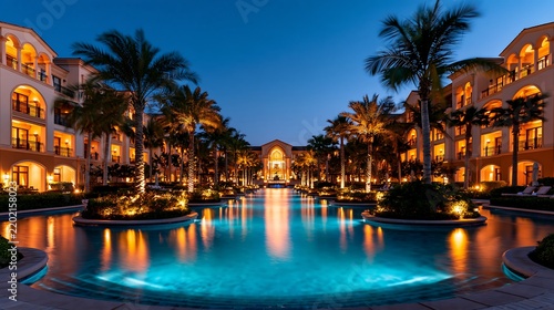 Curved illuminated resort pool surrounded by palms and luxury hotel at night