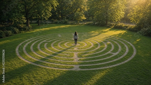 Mindful walking labyrinth painted on park lawn