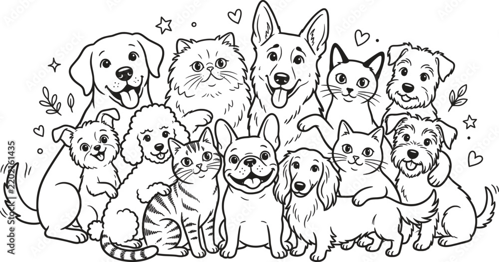 Fototapeta premium Group of cute dogs and cats sitting together as a happy animal family in a black and white line art