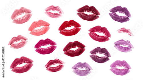 Lipstick kiss prints collection. Set of various red pink and purple lip marks. Makeup and beauty design element